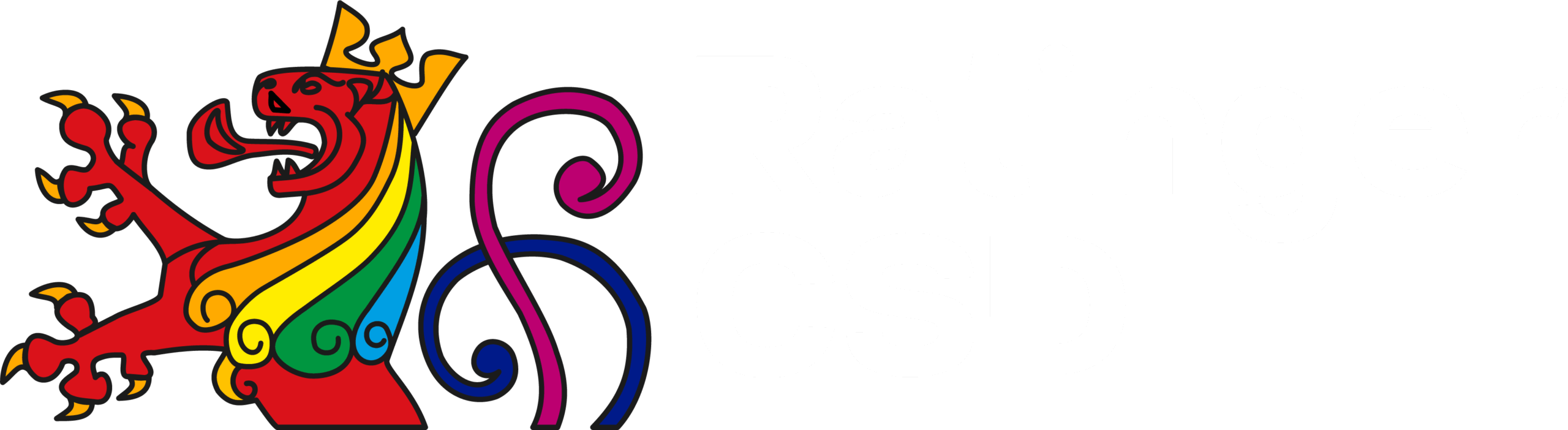 Stilisierter Löwe (Stadtwappen Ratingen) mit Krone in Regenbogenfarben auf freigestelltem Hintergrund - Weisse Schrift 'Ratingen CSD'